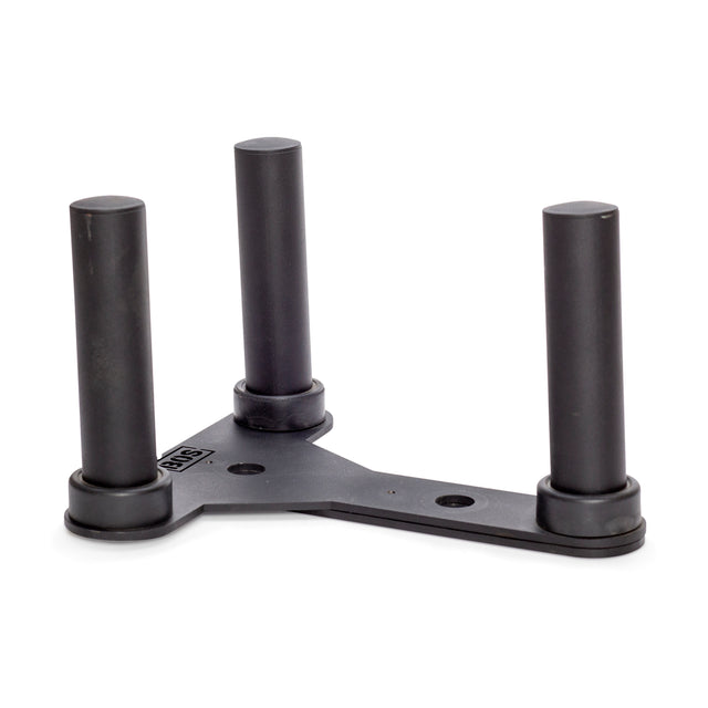 The Bells of Steel Change Plate Storage Pegs is a black metal holder with three vertical pegs for storing Olympic change plates, featuring a triangular base for secure footing to keep fractional plates organized.