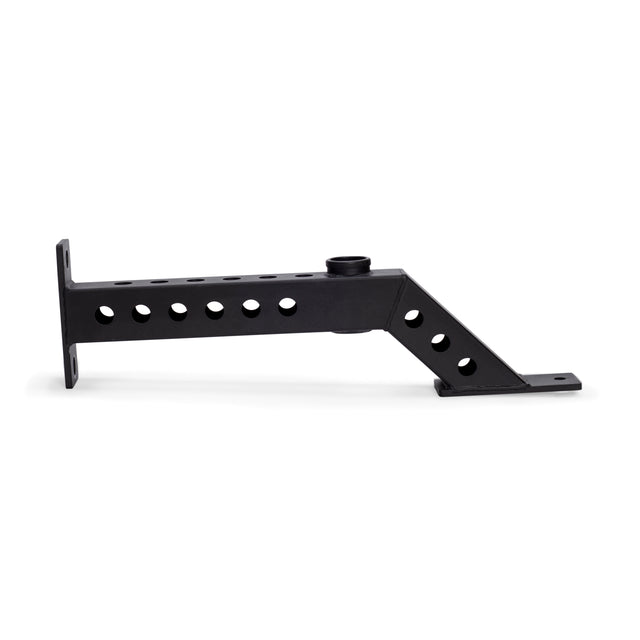 The Bells of Steel Front Foot Stabilizers are black metal brackets with multiple circular holes, a right angle, and two flat mounting plates at each end—perfect for power rack setups. Shown on a white background.