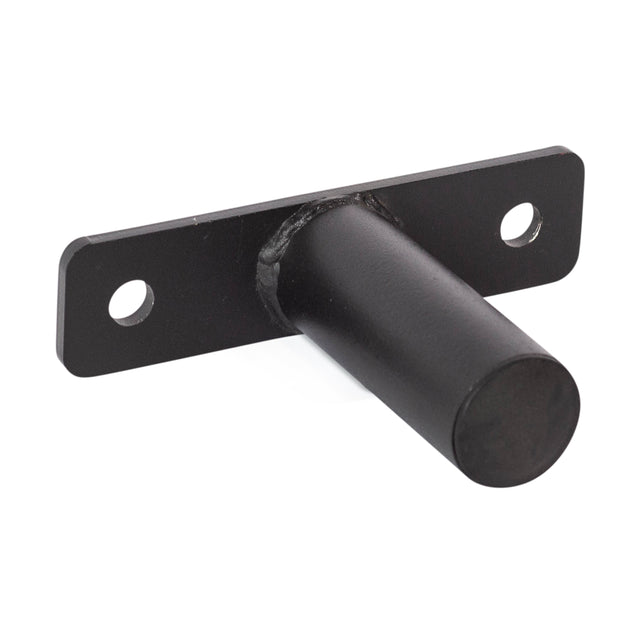 The Bells of Steel Bolt-On Plate Pegs are black metal brackets with cylindrical pegs welded to flat plates. Designed for power racks, they feature two mounting holes and securely store Olympic weight plates.