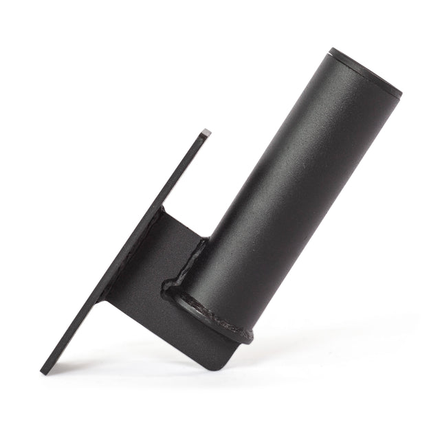 The Bells of Steel Vertical Mount Barbell Holder Rack Attachment is a black metal bracket with a cylindrical tube and flat mounting plate, perfect for organizing barbells on power racks, shown against a white background.