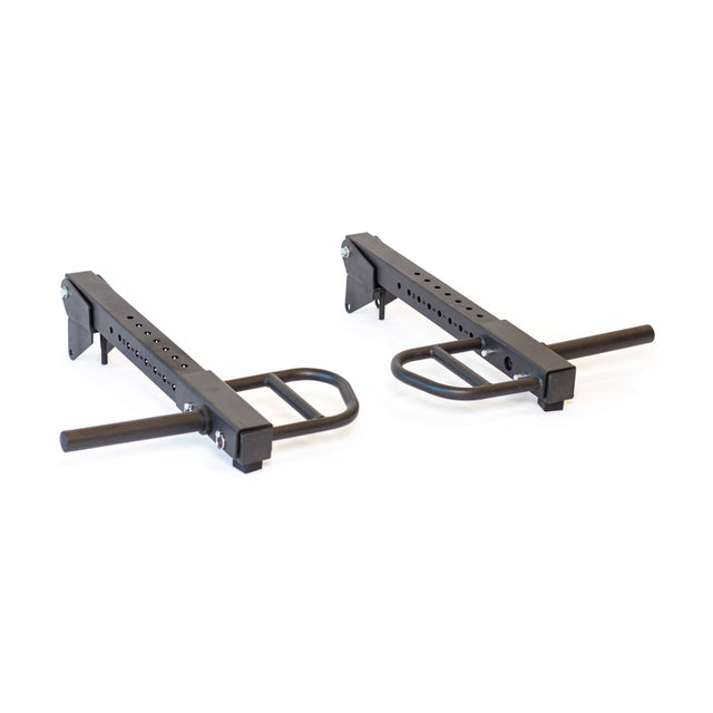 The Bells of Steel Lever Arms Rack Attachment is shown in black metal with multiple adjustment holes, angled handles, and horizontal support bars—ideal for use with Olympic weight plates or Hydra Lever Arms.