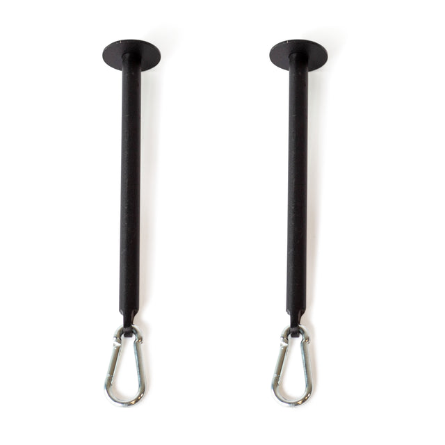 Bells of Steel Band Pegs with Carabiners—two black vertical ceiling mounts, each with a metal carabiner clip, perfect for resistance training or as versatile power rack band pegs. Shown on a white background.