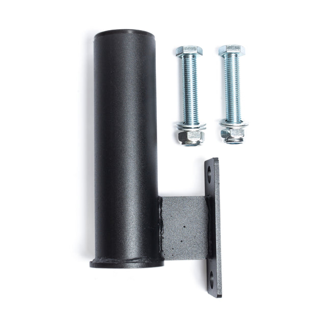 The Bells of Steel Vertical Mount Barbell Holder Rack Attachment, made of black metal with a cylindrical holder and rectangular mounting plate, is shown with two bolts, washers, and nuts—perfect for organized barbell storage on a white background.