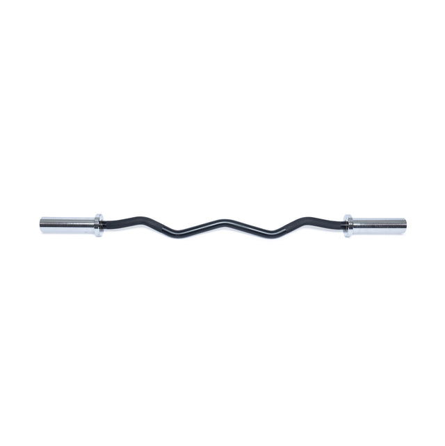 The Bells of Steel EZ Curl Bar (45") features a black finish with chrome ends and an ergonomic zigzag shape, making it perfect for efficient biceps and triceps workouts. Displayed on a white background.
