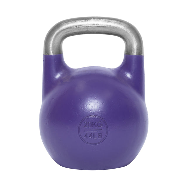 The Bells of Steel Competition Kettlebell features a purple ergonomic design, a silver handle, and weight stamps "20 KG" and "44 LB" on the front. The product is shown against a plain white background.