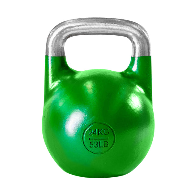 The Wildman Swing Program Kettlebell Bundle by Bells of Steel features a green kettlebell with a silver handle, labeled "24 KG" and "53 LB," perfect for your fitness program and mastering the kettlebell swing.