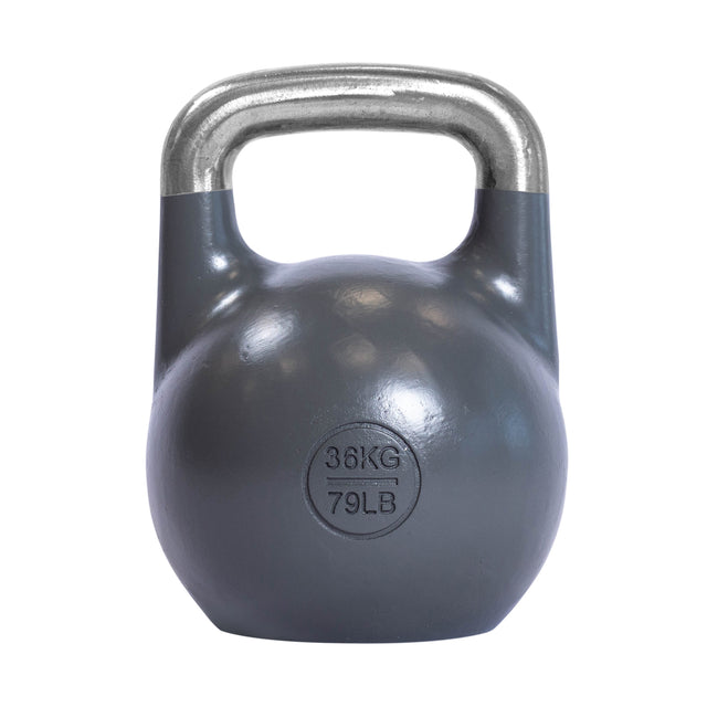 A Bells of Steel Competition Kettlebell, gray with an ergonomic design and shiny silver handle, marked "36 KG" and "79 LB" on the front, is isolated on a white background.