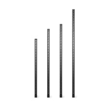 Four Bells of Steel Manticore Vertical Uprights in different heights stand in a row on a white background, each upright featuring evenly spaced circular holes for rack attachments along its length.