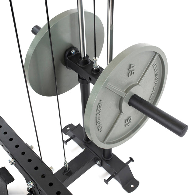 Close-up of Bells of Steel Lat Pulldown & Low Row Rack Attachment - Hydra & Manticore, showing two large 45-pound Olympic weight plates mounted on a black metal bar with supporting rods and cables for versatile gym workouts.