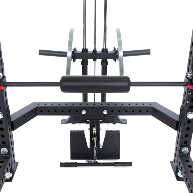 Close-up of the Bells of Steel Lat Pulldown & Low Row Rack Attachment - Hydra & Manticore, a black multi-functional gym accessory with bars, handles, and Olympic weight plates for strength training and cable exercises.