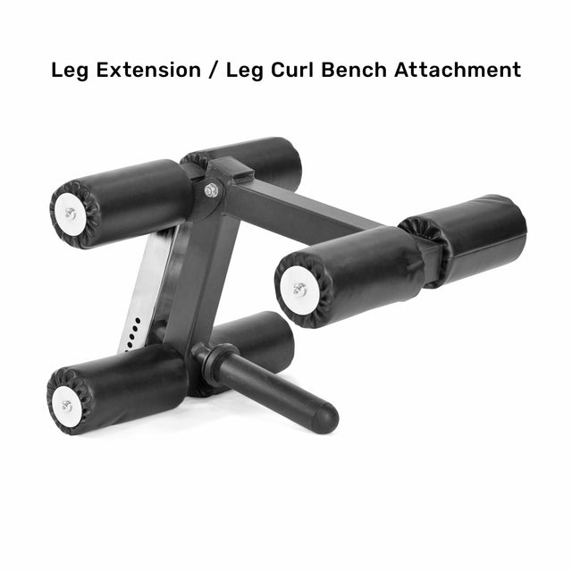 Bench Attachments by Bells of Steel with black padded rollers and a sturdy metal frame, shown against a white background. Labeled "Leg Extension / Leg Curl Bench Attachment" above for easy identification.