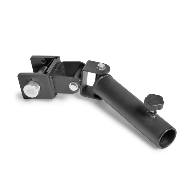 The Bells of Steel Landmine Rack Attachment is a black, adjustable bracket with a cylindrical tube and clamp mechanism, designed for strength workouts. It includes a tightening knob for optimal adjustment and reliability during equipment support.