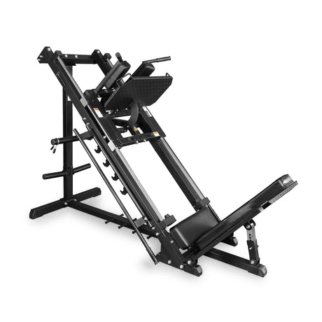 The Bells of Steel Leg Press Hack Squat Machine is a black 2-in-1 unit with padded backrest and foot platforms for strength training, perfect for any home gym. Shown on a white background.