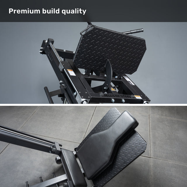 The Bells of Steel Leg Press Hack Squat Machine, shown from multiple angles, features a padded seat, textured footplate, and strong build—ideal for home gyms. "Premium build quality" is displayed at the top of the image.
