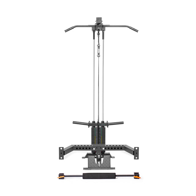 Front view of the Bells of Steel Lat Pulldown & Low Row Rack Attachment for Hydra & Manticore, featuring a weight stack, padded seat, foot support bar, and pulley system—ideal for cable exercises and strength training.