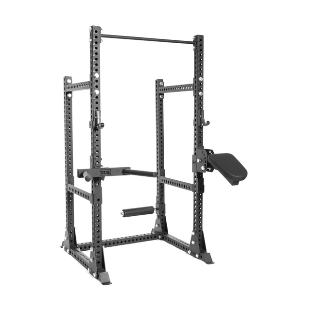 The Bells of Steel Manticore Half Rack - Prebuilt (3" x 3", 1" Holes) features multiple adjustment holes, a pull-up bar, dip handles, and an attached padded seat—ideal for versatile home gym strength training.