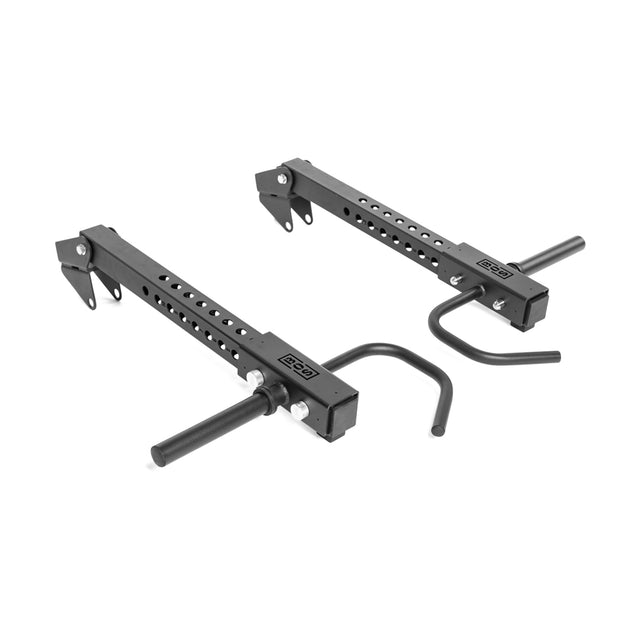 The Bells of Steel Lever Arms Rack Attachment are two black metal, space-saving attachments with multiple holes for height adjustment and angled safety arms, designed for use with a squat rack or power rack.