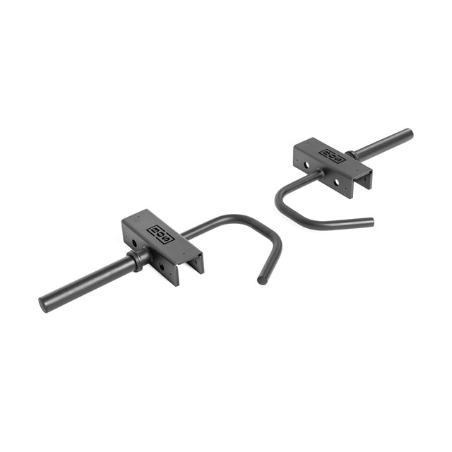 The Bells of Steel Lever Arms Rack Attachment includes two black metal brackets with rods and hooks for mounting or supporting equipment such as Olympic weight plates, featuring a sturdy industrial design.