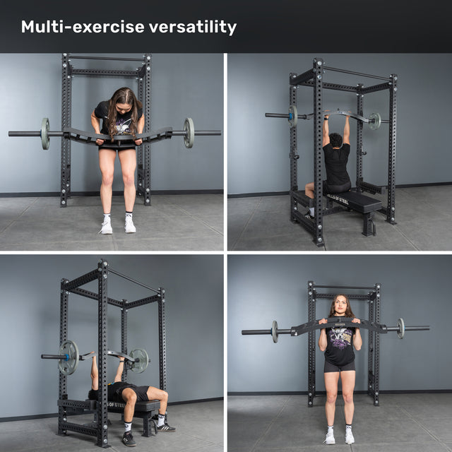 Four images show a woman using the Bells of Steel Arch Nemesis Swiss Bar and a squat rack for bent-over row, overhead press, bench press, and front squat. Text at the top highlights its "Multi-exercise versatility.