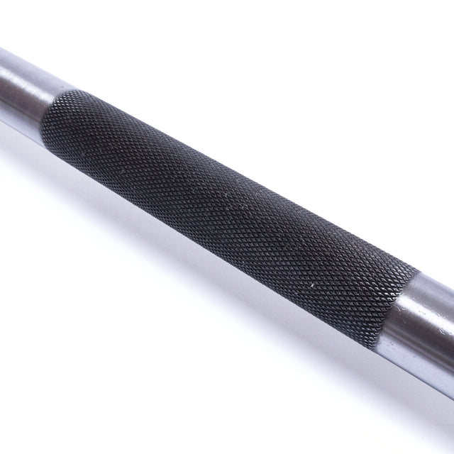 A close-up of the Bells of Steel Powerlifting Bar featuring a textured black knurled center grip, set against a white background.