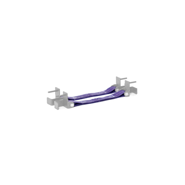 The Bells of Steel Safety Straps for Hydra & Manticore Racks, featuring purple braided webbing and metal connectors on both ends, are shown horizontally against a white background to highlight their protective function.