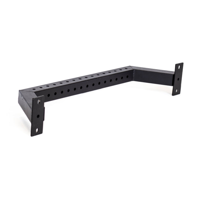 The Bells of Steel Rear Base Stabilizer is a black metal support with multiple evenly spaced holes and mounting plates at each end, designed to attach to 3x3 uprights on power racks.