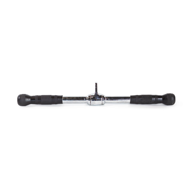 The Bells of Steel Straight Bar Cable Attachment (20") features chrome plating and black rubber grip handles, designed for use with cable machines in gyms.