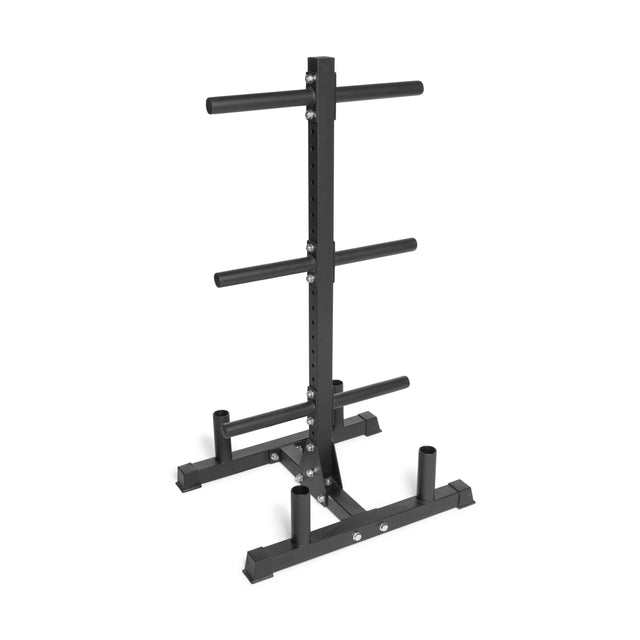 The freestanding black Residential Bumper Plate Tree by Bells of Steel features six horizontal pegs for efficient weight storage and an H-shaped base for stability, making it a great addition to your home gym.