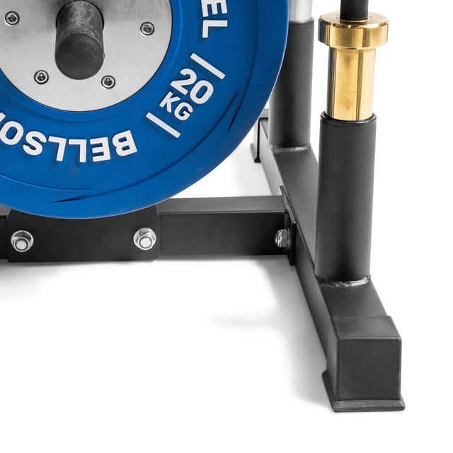A close-up of a blue 20 kg Bells of Steel weight plate on a loaded barbell, secured with a gold-colored collar, rests on a black Residential Bumper Plate Tree rack stand. Perfect for home gyms, it showcases premium quality for residential setups.