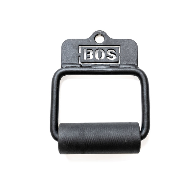 The Bells of Steel Fat Bar - Single D Handle features a thick, knurled black metal grip for enhanced strength and "BOS" cut out on the top mounting plate, shown on a white background.