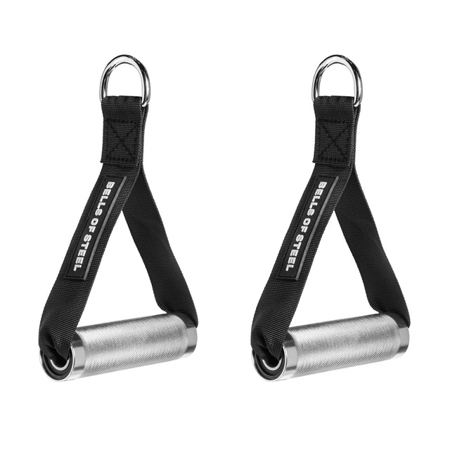 The Bells of Steel Aluminum Handles Pair with Bearings features metal and black fabric handles with D-rings, knurled grips, and “Bells of Steel” labels—ideal for upgrading your gym setup—displayed against a white background.