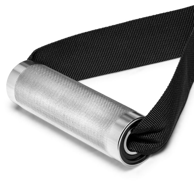 A close-up of Bells of Steel Aluminum Handles Pair with Bearings, featuring a textured metal grip and black nylon strap, designed as adjustable gym accessories for cable machines or resistance training.