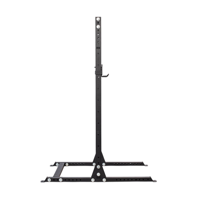 The Bells of Steel Hydra Squat Stand - Prebuilt (3" x 3", ⅝" Holes) features a black metal frame with a single vertical post, multiple adjustment holes, and wide base supports, shown here against a plain white background—ideal for any home gym.