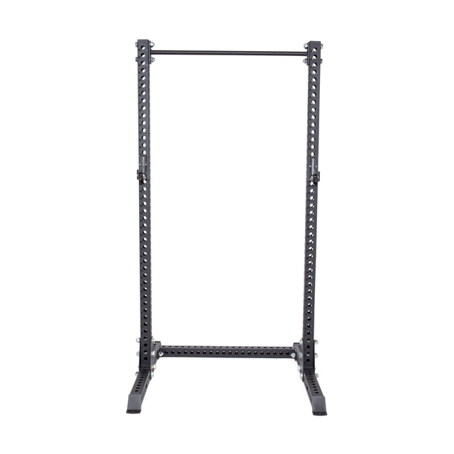 The Bells of Steel Manticore Squat Stand Builder features 3" x 3" uprights with 1" holes, a pull-up bar, and a sturdy base—ideal for weightlifting or strength training in your home gym.