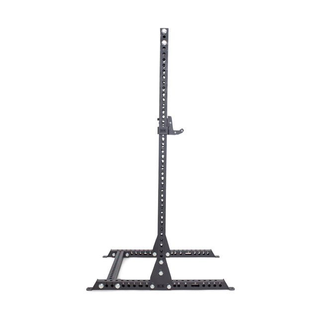 The Bells of Steel Manticore Squat Stand Builder (3" x 3", 1" holes) is a black metal adjustable squat stand with numerous height settings, sturdy vertical support, and a wide base—ideal for any home gym. Viewed from the side on a white background.