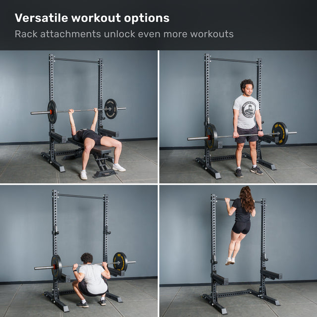 Four images display people using the Bells of Steel Manticore Squat Stand - Prebuilt (3" x 3", 1" Holes) for bench press, deadlift, squats, and pull-ups. Text at the top reads, “Versatile workout options. Rack attachments unlock even more workouts for your home gym.”.