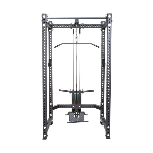 The Bells of Steel Lat Pulldown & Low Row Rack Attachment for Hydra & Manticore racks features a cable pulley system, adjustable holes, pull-up bar, weight stack, various grips, and is compatible with Olympic Weight Plates for strength training.