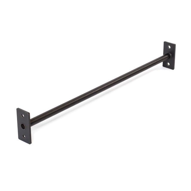 The Bells of Steel Straight Pull Up Bar is a black metal rod with square mounting plates, each having four screw holes. Perfect for wall or surface mounting, it turns any area into an efficient pull-up station for strength training.