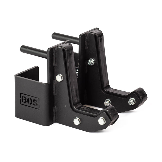 A pair of Bells of Steel Sandwich J-Cups, black metal squat rack accessories with bolts and BOS logo, are shown side by side against a white background.