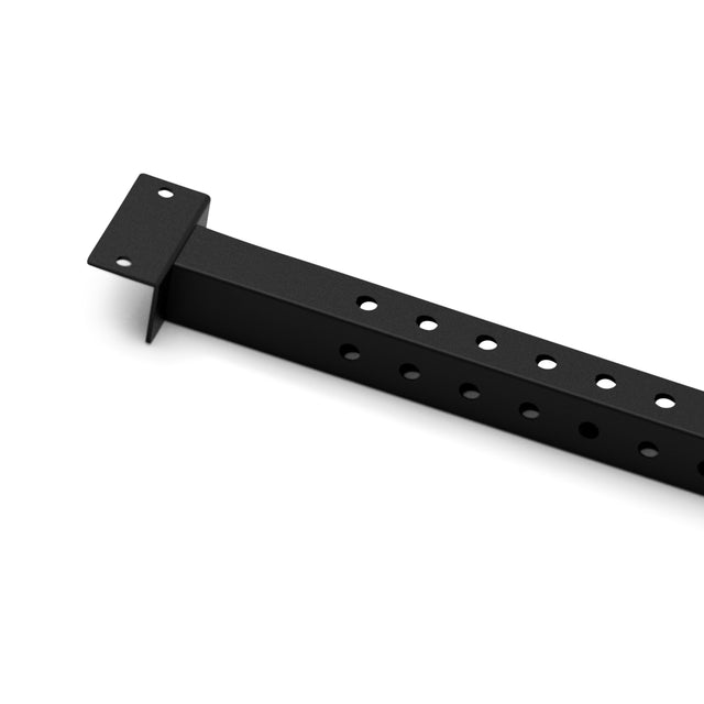 The Bells of Steel Back Upright Attachment for Cable Tower is a black metal rectangular beam with evenly spaced holes and a flat mounting plate at one end, shown on a white background.
