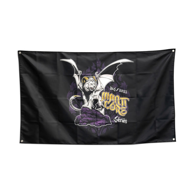 The Bells of Steel Flags feature a black design with a fantasy creature—winged, lion-bodied, scorpion-tailed—standing on rocks. "Manticore Series 8/5/2023" is printed in bold yellow and white text, perfect for gym decor.