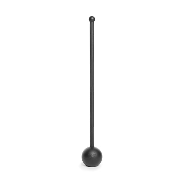 The Bells of Steel Adjustable Macebell, featuring a sleek black design, stands upright against a plain white background. Its long handle and spherical end are ideal for improving shoulder mobility and core strength during workouts.