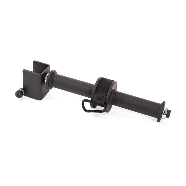 The Bells of Steel Wrist Roller and Rack Attachment is a black metal accessory with a square base, rotating sleeve, and handle, ideal for weightlifting to boost grip strength. Shown against a white background.