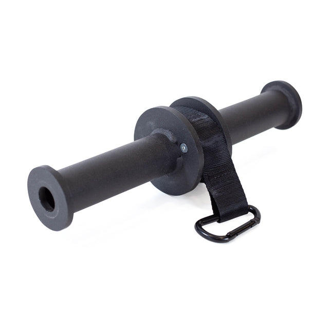 The Bells of Steel Wrist Roller and Rack Attachment features a black cylindrical handle with a central rotating grip, an attached black strap, and a metal D-ring. Ideal for enhancing forearm and grip strength, it can serve as a versatile rack attachment.
