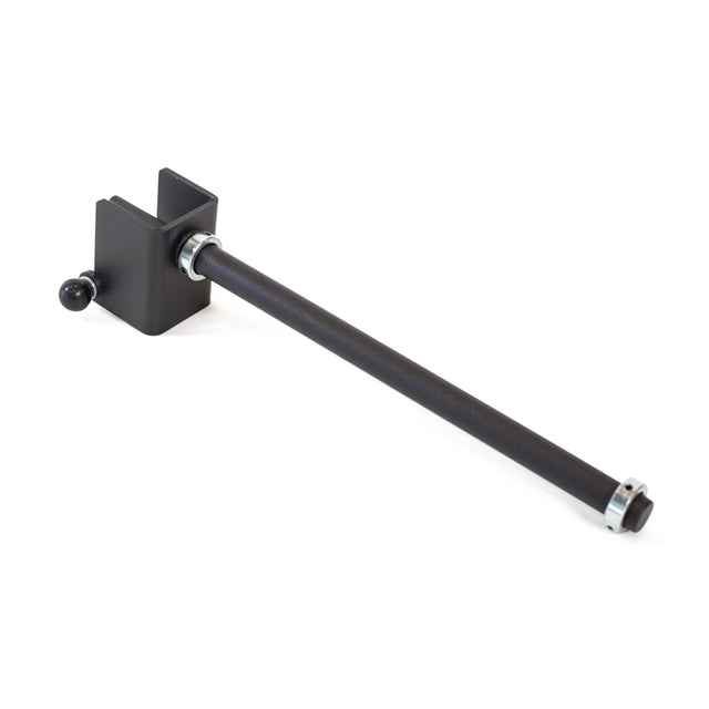 The Bells of Steel Wrist Roller and Rack Attachment is a black metal tool with a long cylindrical rod, square bracket, small knob, and end ring—perfect for building grip strength.