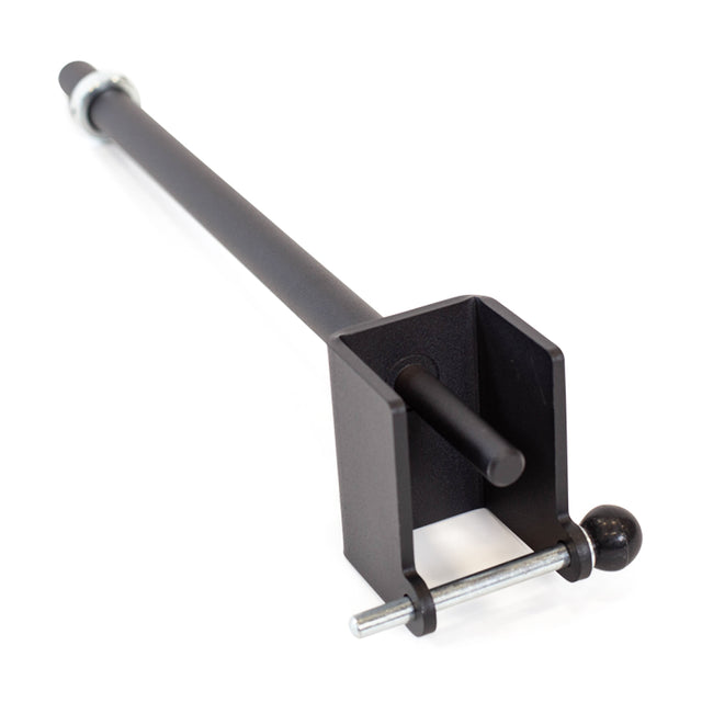 The Bells of Steel Wrist Roller and Rack Attachment is a black metal clamp with a bolt for tightening, ideal for securing objects. It enhances forearm grip strength, features a rectangular opening for attachments, and has a spherical knob at the end of its long handle.