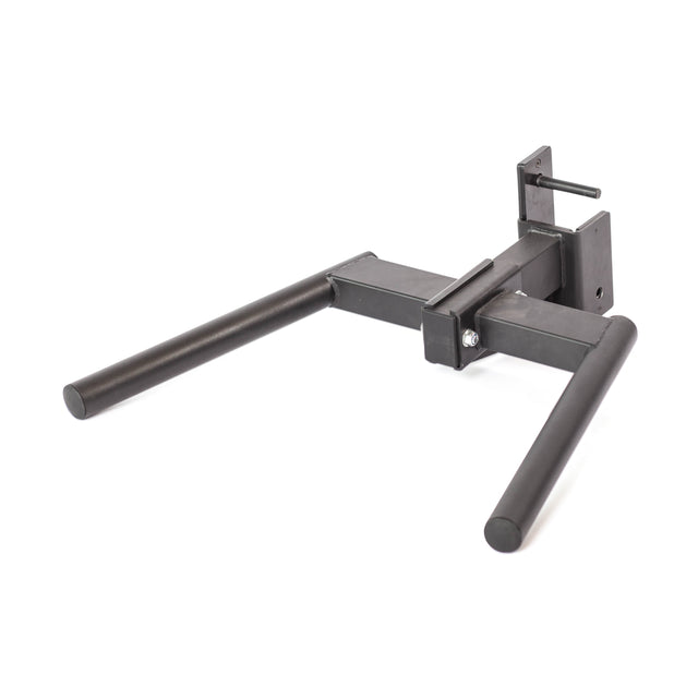 The Bells of Steel Y Dip Bar Rack Attachment is a sturdy black metal accessory with parallel handles, designed for squat racks and ideal for bodyweight exercises like dips.