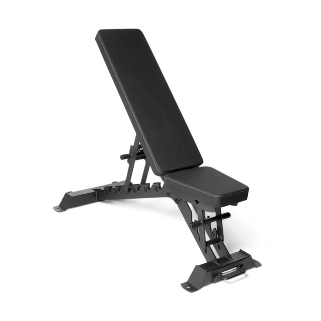 The Bells of Steel Buzz-Saw Heavy-Duty Adjustable Bench is a black premium vinyl bench with padded seat and backrest, an incline setting, sturdy metal frame with support bars, designed for strength training exercises.