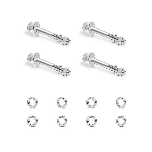 Four sets of Hydra Hardware stainless steel bolts with nuts by Bells of Steel, perfect as concrete anchor bolts, are arranged in two rows above eight washers, all neatly spaced on a white background.