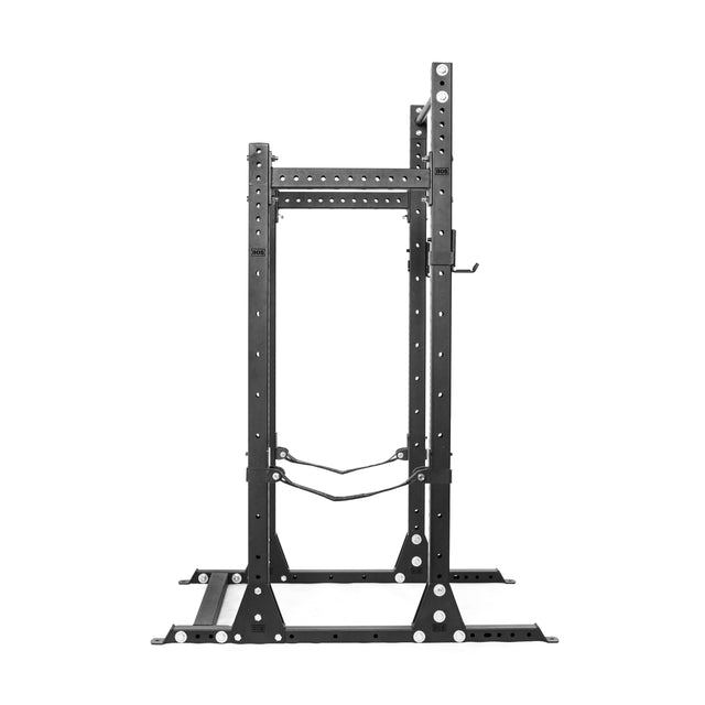 The Bells of Steel Hydra Half Rack - Prebuilt (3" x 3", ⅝" Holes) is a black metal half rack with a 1000-lb capacity, adjustable holes, pull-up bar, and sturdy base—ideal for weightlifting and strength training at home.